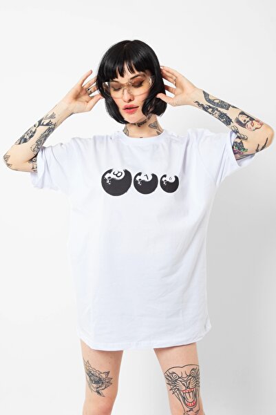 Bak Moda 816 Bilijarska lopta Štampano Bela Oversize kroj Unisex majica