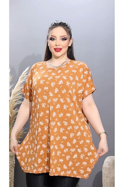 HÜLYA BUTİK Plus Size Brown Floral Patterned Slit Blouse