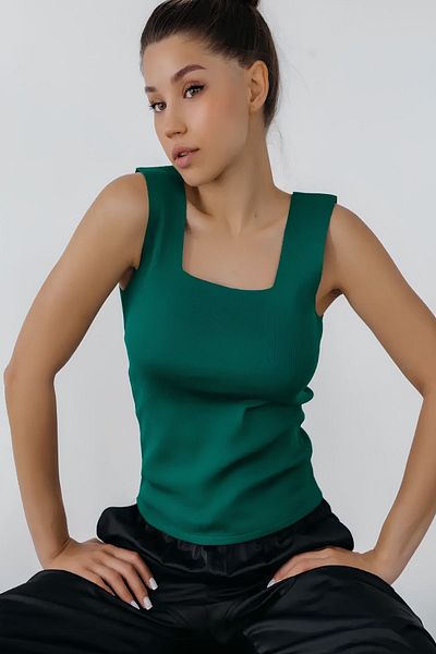 Baluxe Emerald Green Square Collar Thick Strap Knitwear Women's Blouse