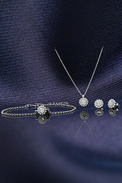 byess 925 Ayar Gümüş Elmas Montur Kolye Bileklik Küpe Set