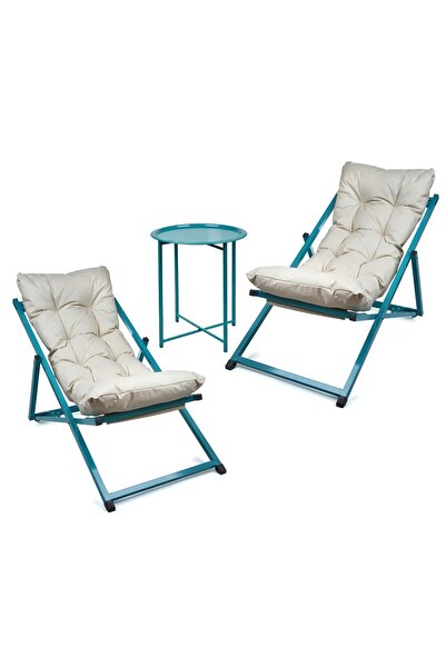 HUNDEMİR Minderli Katlanır İkili Set 2 Şezlong 1 Sehpa Bahçe Balkon Teras Pla...