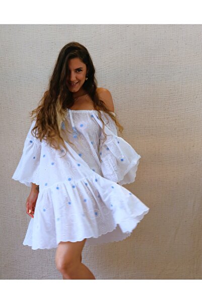 Su Koleksiyon Rochie Boho Scallop Bumbac DAISY - Albastru Floral