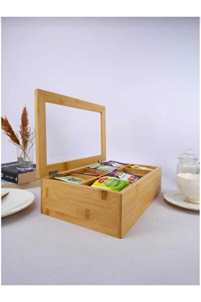 Dekoristanevi Bambu 8 Bölmeli Çay Kahve Bitki Çayı Saklama Kutusu 30x20x7cm