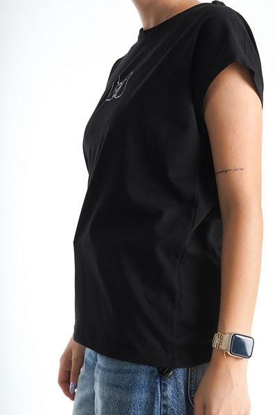Moda Değirmeni Tricou negru oversize pentru femei cu imprimeu pisici - fund elastic BG1192-314-0002