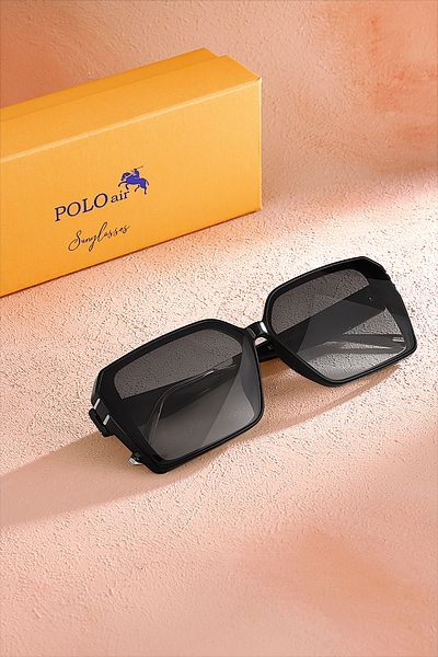 Polo Air نظارة شمسية نسائية - مستطيلة مقاومة للأشعة فوق البنفسجية 400، لون أسود Plg-2088c1