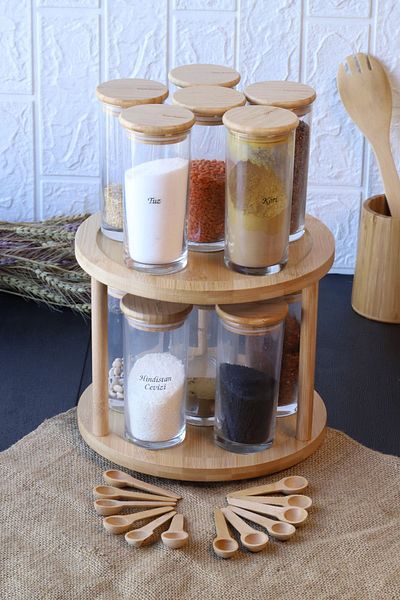 Bambum Atbyhome 37 Piece Spice Box Set with Rotating Stand - 12 Piece Spice Box Set-With Spoon-65 Piece Label