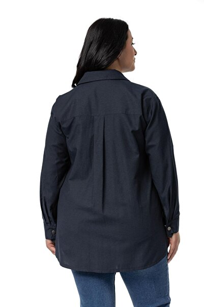 DISENTIS MODEST Темно-синя куртка Сорочка Buyuk Size з кишенями та манжетами