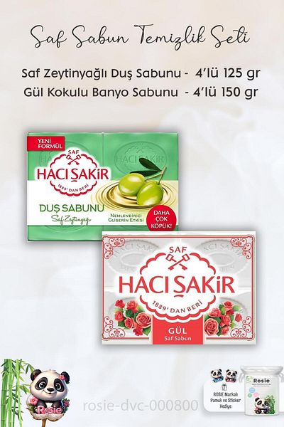Hacı Şakir Olive Oil Glycerin Shower Soap - 4 x 125 gr, Rose Scented Bath Soap - 4 x 150 gr