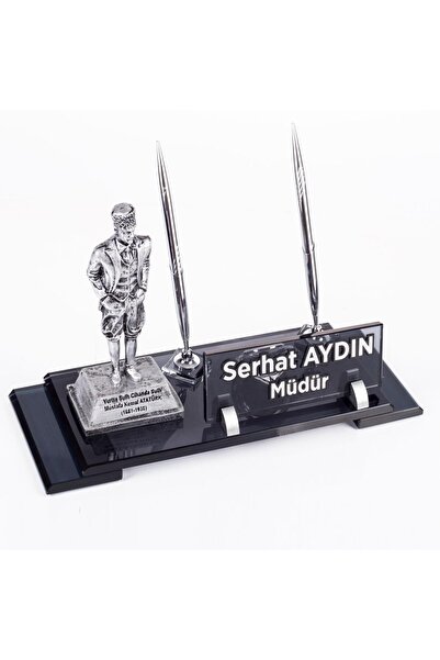 Ofistike Atatürk Heykeli Biblolu Elit Kristal İsimlik Masa İsimliği Çift Kale...