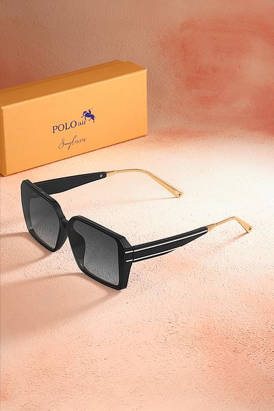 Polo Air نظارة شمسية نسائية - مستطيلة مقاومة للأشعة فوق البنفسجية 400، لون أسود Plg-2088c1