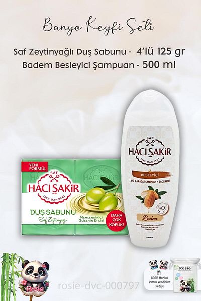 Hacı Şakir Pure Olive Oil Glycerin Shower Soap - 4 x 125 gr, Almond Shampoo 500 ml and ROSIE