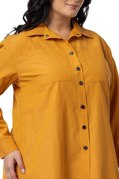DISENTIS MODEST Plus Size Mustard Shirt - Snap Closure, Plate, Cuff and Pocket
