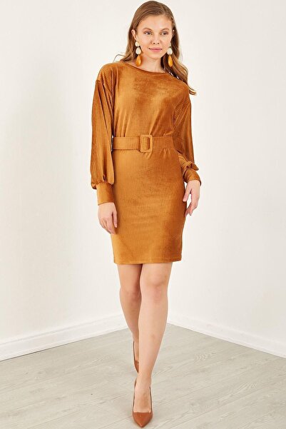 dijimodway Kadın Hardal Kadife Kemerli Inci Fitilli Elbise