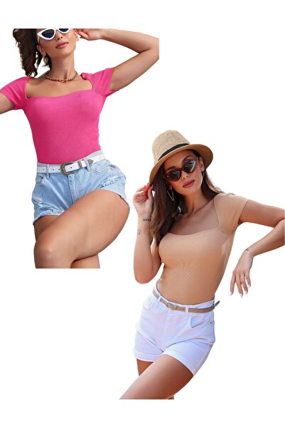 dijimodway U-подібний виріз, короткий рукав, камел і фуксія, блузка, набір з 2 штук в одній упаковці