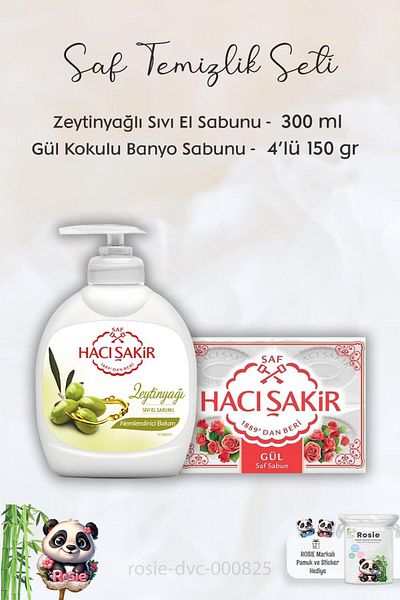 Hacı Şakir Olive Oil Liquid Soap - 300 ml, Rose Scented Bath Soap - 4 x 150 gr, ROSIE