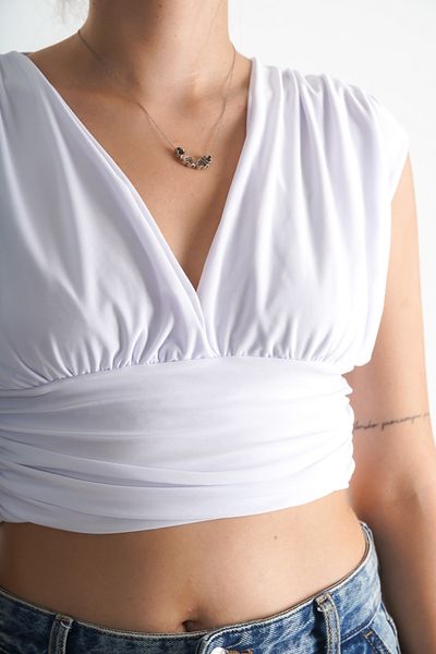 Moda Değirmeni Γυναικεία λευκή μπλούζα με διπλό γιακά - Αμάνικη, BG1193-324-0003