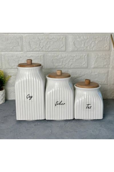 Kitchen Pembelia 3 Size Porcelain Bamboo Lid Tea Sugar Salt Jar Set