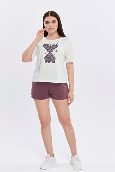 YHGTEKSTİL Σετ καλοκαιρινές πιτζάμες με εμπριμέ βαμβακερό σορτς για γυναίκα -...