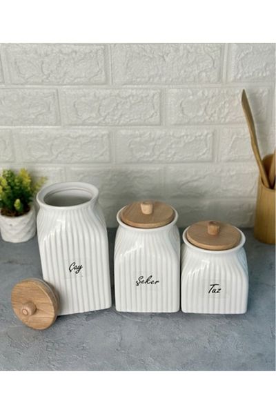 Kitchen Pembelia 3 Size Porcelain Bamboo Lid Tea Sugar Salt Jar Set