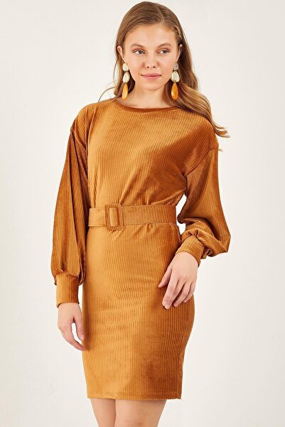 dijimodway Kadın Hardal Kadife Kemerli Inci Fitilli Elbise