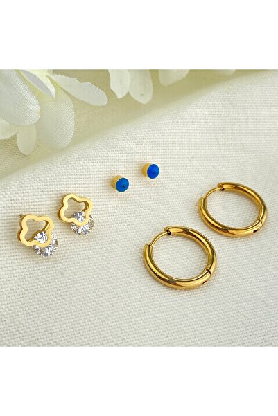 Kyver Halka Küpe Halka Nazar Yonca Üçlü Set Küpe 316 L Paslanmaz Çelik Gold