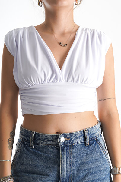 BAKGİY Λευκό γυναικείο αμάνικο μπλουζάκι με λαιμόκοψη διπλό πέτο BG1193-324-0003