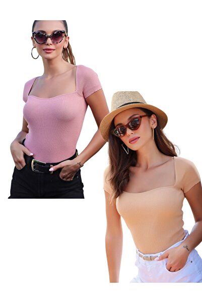 dijimodway U-подібний виріз, короткий рукав, камел і пудровий блуз, 2-комплект в одній упаковці