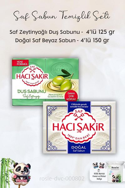 Hacı Şakir Glycerin Shower Soap with Olive Oil - 4 x 125 gr, Natural Soap 4 x 150 gr and ROSIE