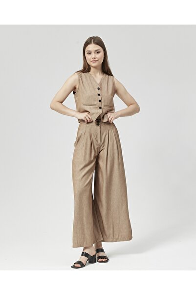 Nuseel New Season Mink Collared Palazzo Trousers and Vest Set
