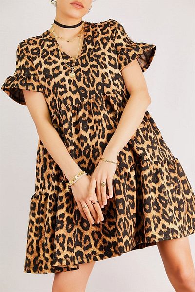 dijimodway Γυναικεία φούστα και μανίκια Leopard φόρεμα με κορδόνια