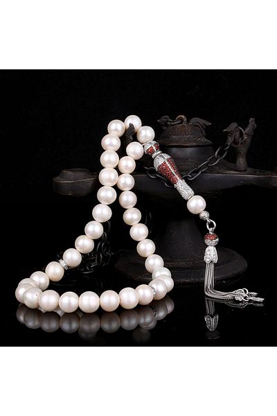 Tesbihsepetim 10 mm Zircon Stone - Natural Pearl Rosary, Tasseled
