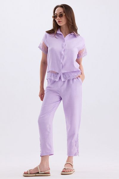 MD trend Linen Set - Tulle Detailed Short Sleeve Shirt and Lace Trousers