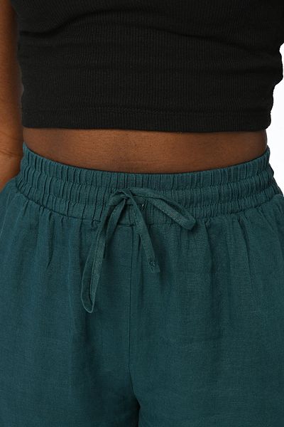 Orfeo Negro WOMEN'S 100% LINEN EMBROIDERY EMBROIDERED COMFORTABLE FIT BOL LEG PETROL COLOR TROUSERS