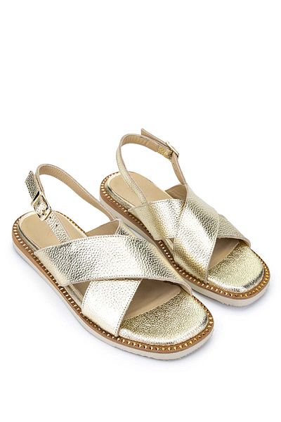 Tamer Tanca Genuine Leather Women's Sandals - Gold Flat Model