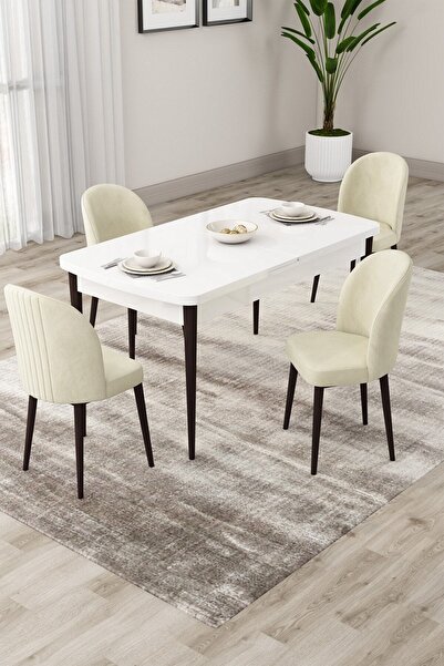 Canisa Roe Serisi Açılabilir 80x132 Beyaz Masa Kahverengi Ayak Masa Takımı Ve...