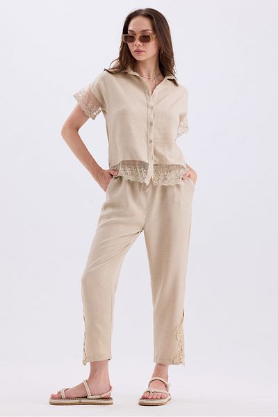 MD trend Linen Set - Tulle Detailed Short Sleeve Shirt and Lace Trousers