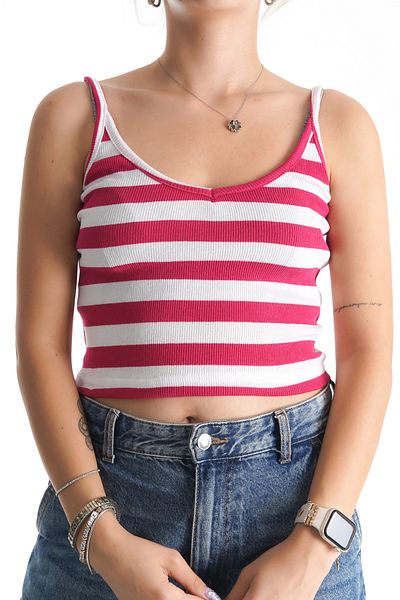 Moda Değirmeni قميص داخلي نسائي مخطط باللون الفوشيا والأبيض BG1191-325-0001