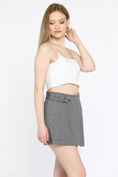 GÜLSELİ Gabardine Short Skirt - Smoke, Pleated and Belt Detail