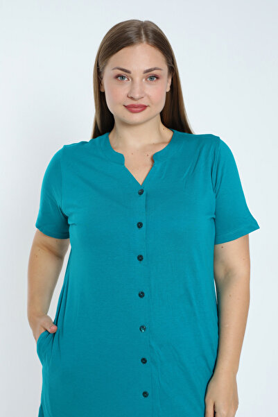 İntensive Plus Size Cotton Ruffle Dress - Short Sleeve and Button