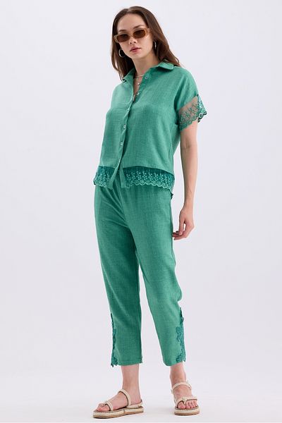 MD trend Linen Set - Tulle Detailed Short Sleeve Shirt and Lace Trousers
