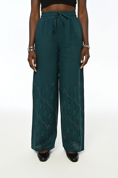 Orfeo Negro WOMEN'S 100% LINEN EMBROIDERY EMBROIDERED COMFORTABLE FIT BOL LEG PETROL COLOR TROUSERS