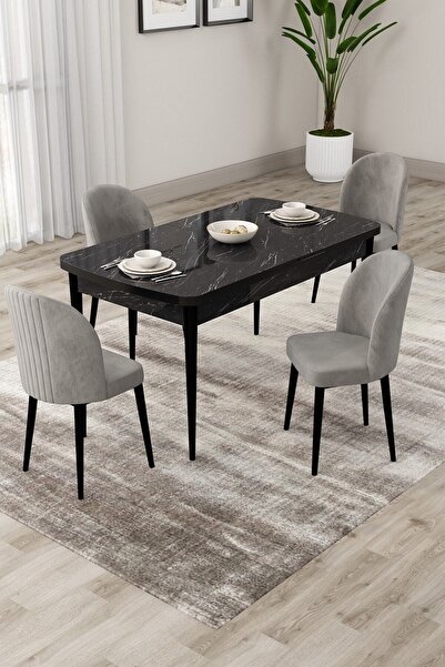 Canisa Roe Serisi Açılabilir 80x132 Siyah Mermer Desen Masa Takımı Ve 4 Gri S...