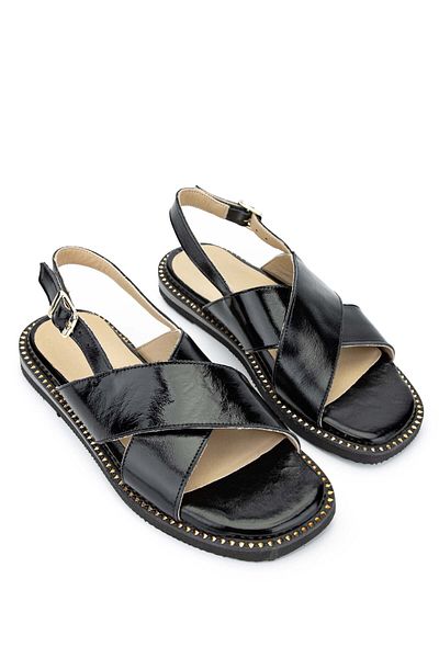 Tamer Tanca Genuine Leather Black Patent Leather Women's Sandals