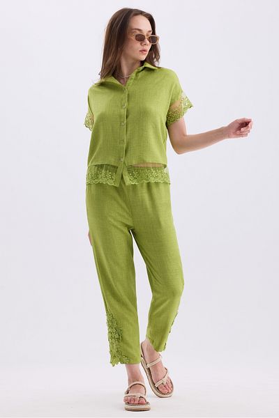 MD trend Cămașă cu mânecă scurtă și pantaloni cu dantelă pentru femei Set din două piese de in