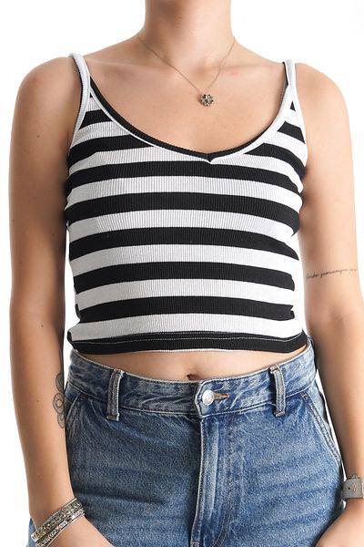 Moda Değirmeni قميص داخلي نسائي مخطط - أبيض وأسود BG1191-325-0001