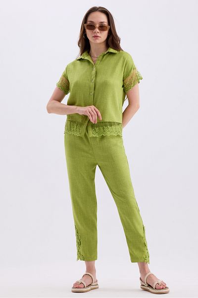 MD trend Cămașă cu mânecă scurtă și pantaloni cu dantelă pentru femei Set din două piese de in