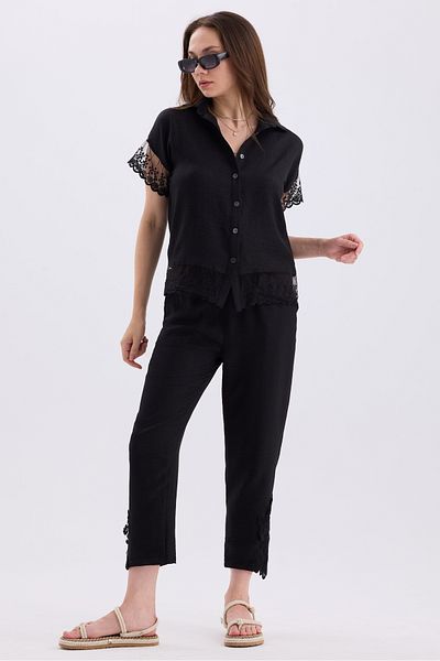 MD trend Linen Set - Tulle Detailed Short Sleeve Shirt and Lace Trousers