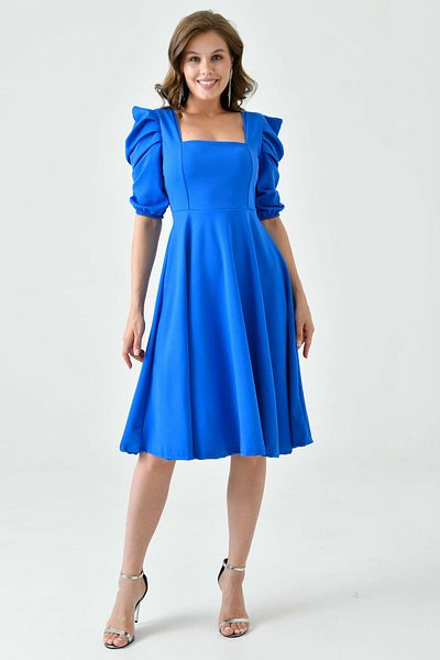 bayansepeti Blue Midi Evening Dress - Flexible Crepe, Square Collar, Short Sleeve Dress 080