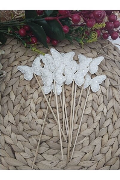 Deniz Party Store KREM PULLU KELEBEK  Uzun Kürdan 16 Cm 10 Adet