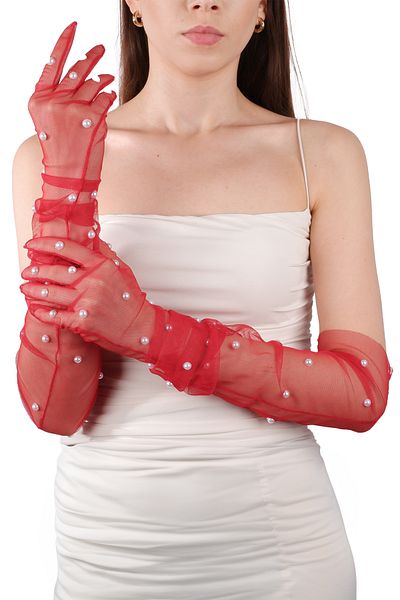Hayalperest boncuk Elegant Red Bridal Costume With Pearls - Wedding Gloves, Long Tulle Gloves For Special Nights